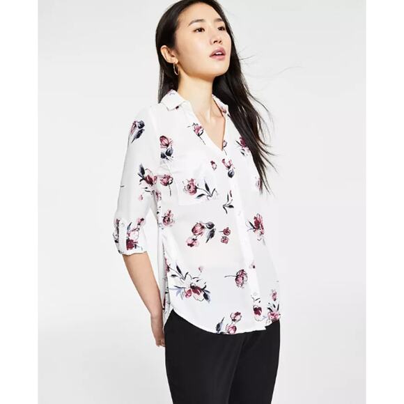 NEW Macy's BCX White Floral Collared Shirt Size XL Semi Sheer Button Up Blouse - Picture 1 of 14